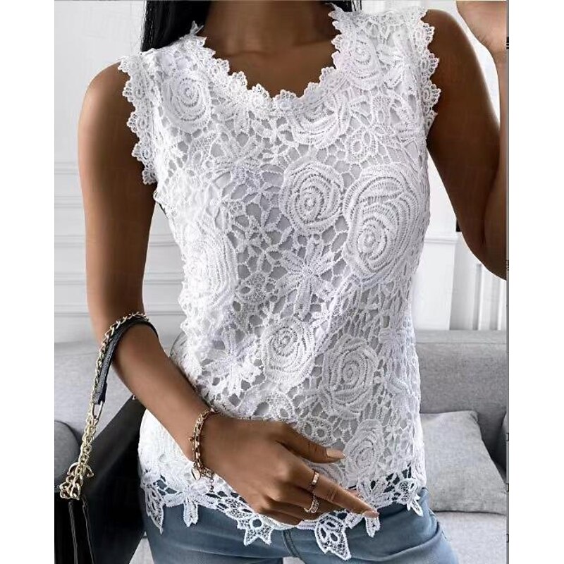 Women's Camisole Tank Top Eyelet top White Lace Shirt Women's Black White Pink Solid Color Lace Street Daily Fashion Round Neck S