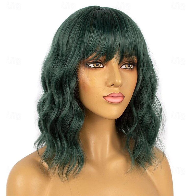 Dark Green Short Bob Wigs with Bangs for Women Loose Wavy Wig Curly Wavy Shoulder Length Bob Synthetic Cosplay Wig for Girl Colorful Costume Wigs St.Patrick's Day Wigs Halloween Wigs3