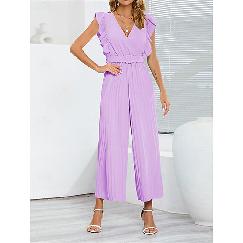 Women's Normal Jumpsuit Elegant Solid Color Sleeveless V Neck Ruffle High Waist Street Daily Regular Fit Black White Blue Summer