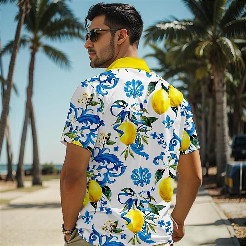 Men's Lemon Shirt Summer Hawaiian Shirt Aloha Shirt Short Sleeve Shirt Turndown Vacation Hawaiian Outdoor Vacation Hawaiian Yellow Blue Purple S M L2