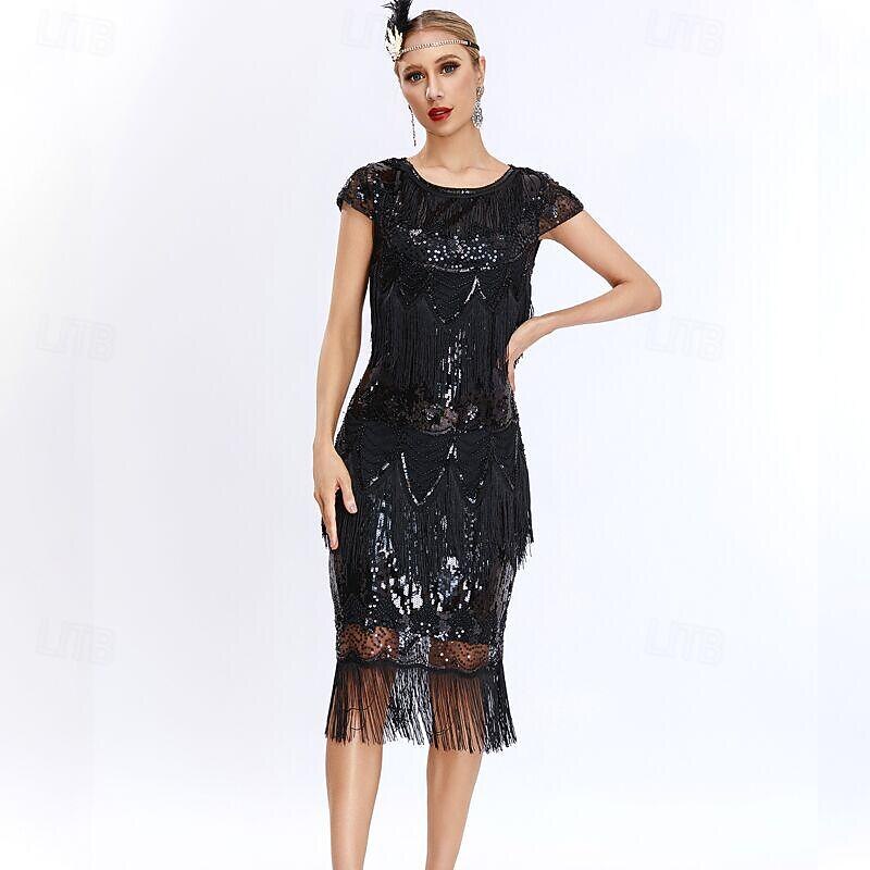 Retro Vintage Roaring 20s 1920s Midi Flapper Dress Dress The Great Gatsby Flapper Girl Wedding Guest Sequins Tassel Fringe Sequin Round Neck Fancy Dress Women's Performance Wedding Wedding Guest2