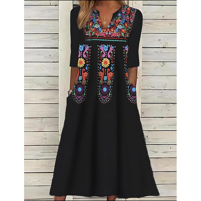 Women's Midi Dress Ethnic Dress Summer Dress Print Dress Vintage Ethnic Tribal Outdoor Daily Date Regular Fit Floral Tribal Half Sleeve Split Neck Black Summer Spring4
