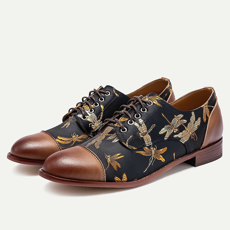 Men's Premium Cowhide Leather Oxford Shoes with Vintage Dragonfly Embroidery - Perfect for Formal Events and Special Occasions4