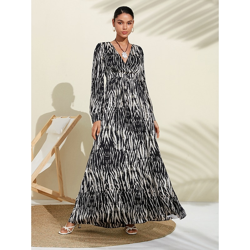 Neva Black & White Spotted Print Bubble Satin V Neck Long Sleeve Swing Maxi Dress4