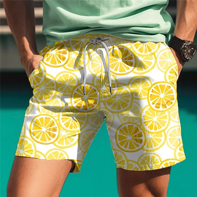 Men's Fruit Lemon 3D Print Swim Trunks Swim Shorts Board Shorts Mid Waist Hawaiian Casual Holiday Beach Drawstring with Mesh lining Elastic Waist Designer Clothing Apparel3