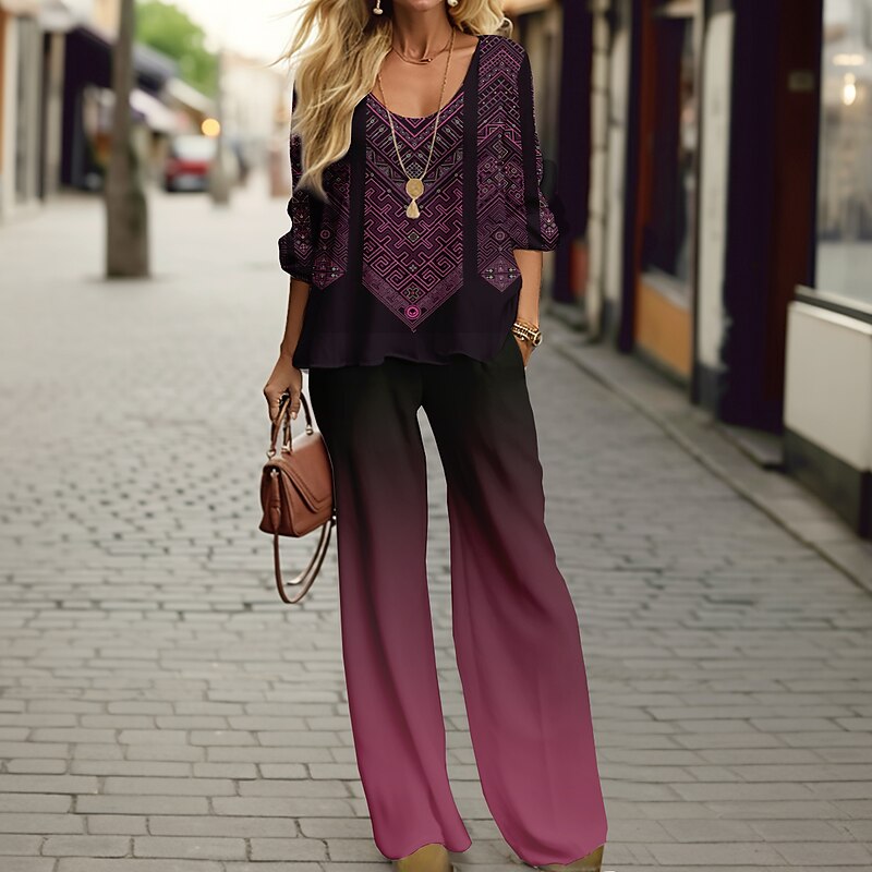 Women's 2 Pieces Sports Daily T Shirt Pants Sets Pants Trousers Long Sleeve V Neck Geometric Gradient Print Outdoor Casual Blue Purple Green Spring &  Fall Regular Fit3