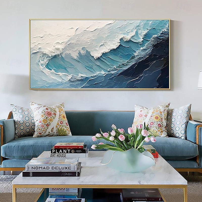 Large oil painting hand painted Ocean Wave Oil Painting On Canvas Large Wall Art Abstract Minimalist Painting Custom Blue Sea painting for Wall Art Living Room Decor Gift3