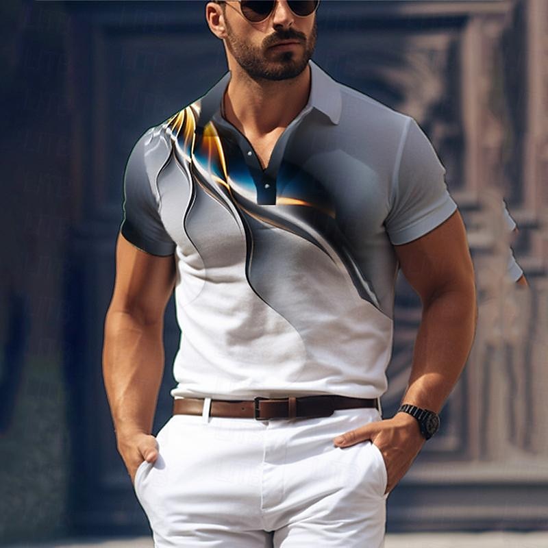 Men's Geometric Golf Shirt Short Sleeve Polo Shirts Collared Shirts Business Casual Vacation Wear Formal Wear Festival Wear Buttons 3D Print Summer Purple Khaki Gray