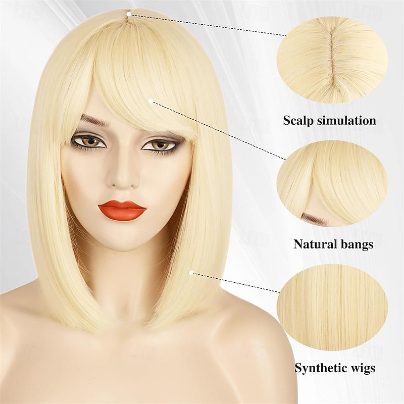 Blonde Bob Wig with Bangs Short Blonde Bob Wig Straight Bob Wigs Synthetic Cosplay Daily Party Wig for Women3