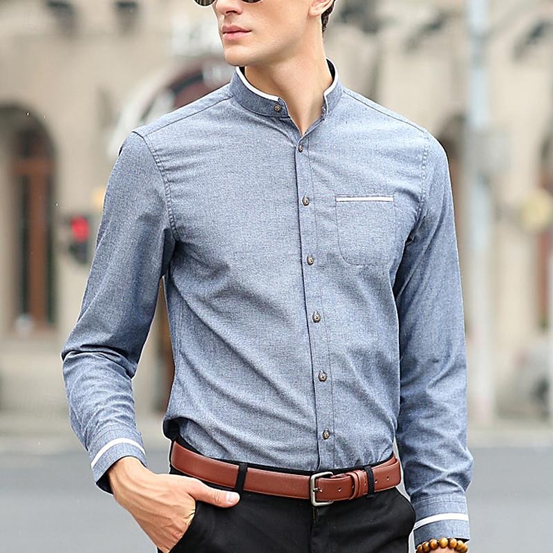 Men's Shirt Chinese Collar Shirt Mandarin Collar Shirt Dress Shirt Button Up Shirt Plain Wedding Party Pink Blue Sky Blue Dark Gray Long Sleeve Grandad Collar Spring &  Fall Clothing Apparel Patchwork