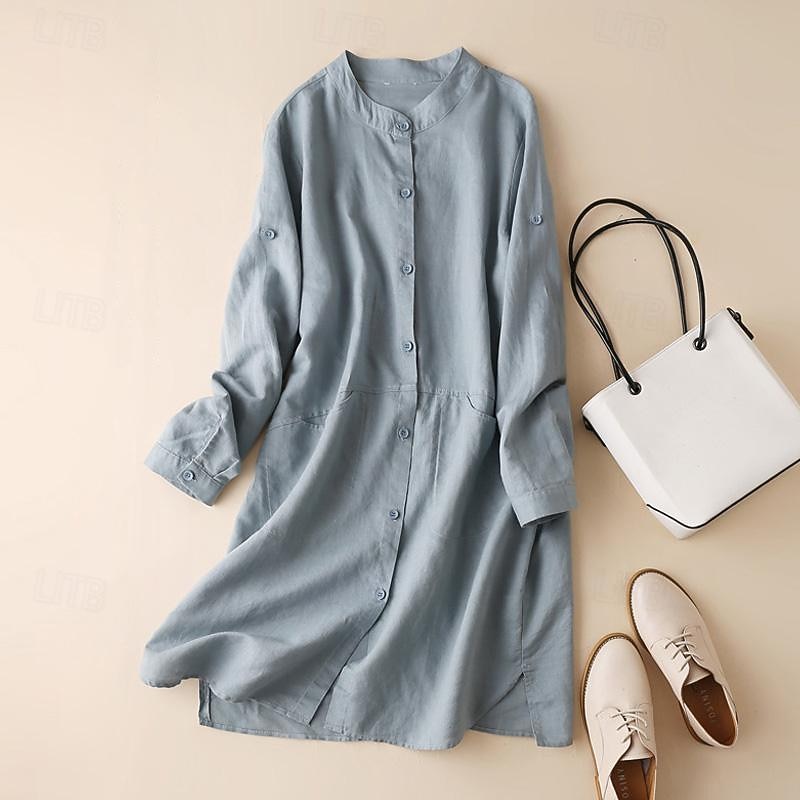 Shirt Cotton Linen Shirts Linen Shirt Button Up Women's White Blue Solid Color Buttons Long Street Daily Fashion Round Neck Cotton Linen Regular Fit M