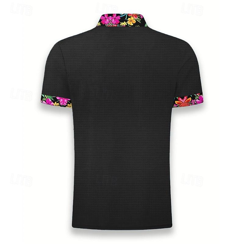 Floral Men's Business Casual 3D Print Waffle Polo Shirt Street Wear to work Daily Wear Waffle Fabric Short Sleeve Turndown Polo Shirts Black White Summer S M L Micro-elastic Lapel Polo2
