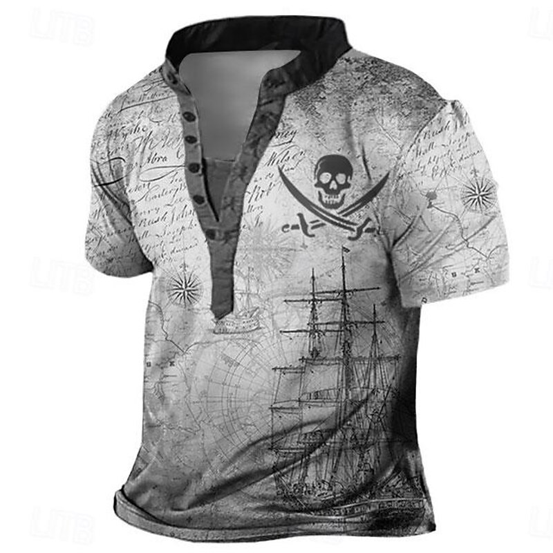 Men's Skull Ship Pirate Henley Shirt 3D Print Fashion Retro Vintage Casual Vacation Street Daily Spring & Summer Blue Green Khaki Gray Henley Henley T-Shirt3