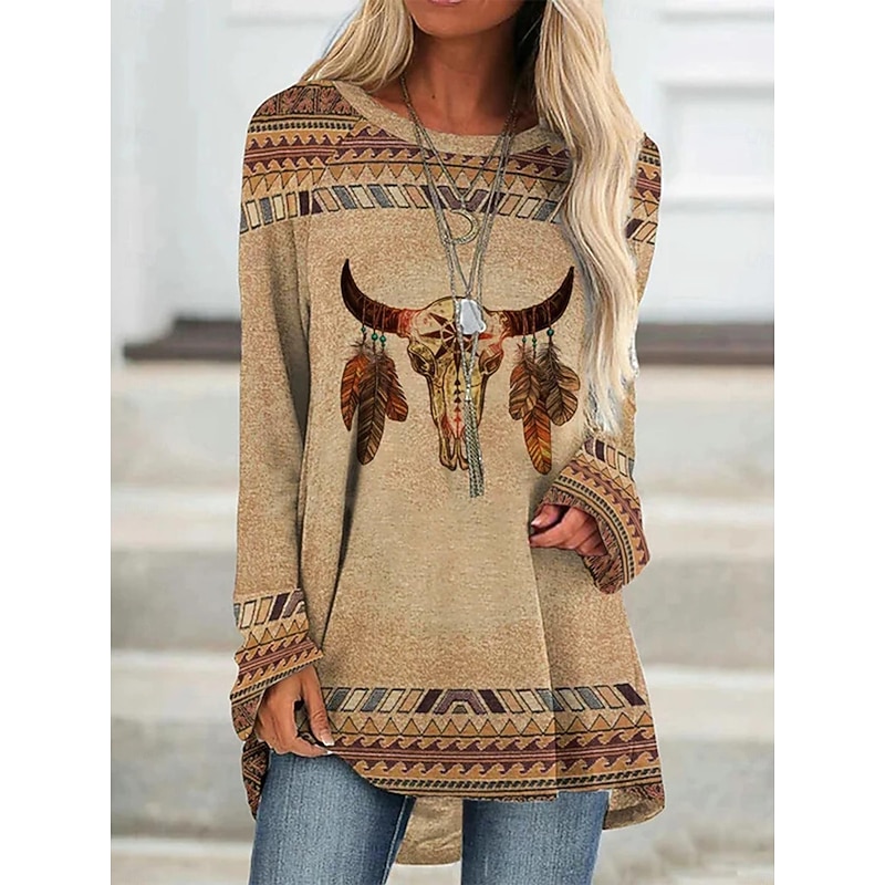 Women's Plus Size T Shirt Tunic Shirts Geometric Plaid Vintage Tunic Ethnic Long Sleeve Round Neck Long Tops Casual Print Marron Yellow Light Green Wine Red Fall & Winter Prefall4