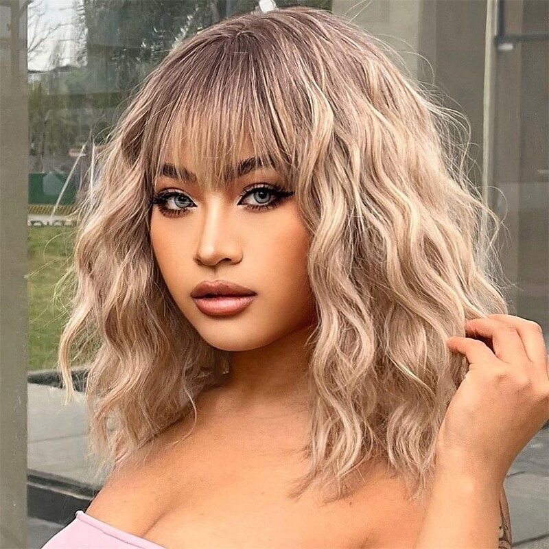 Short Ombre Blonde Wig With Bangs Shoulder Length Curly Wavy Bob Wig for Women Natural Looking Synthetic Curly Blonde Bob Wig for Party and Daily Wear3
