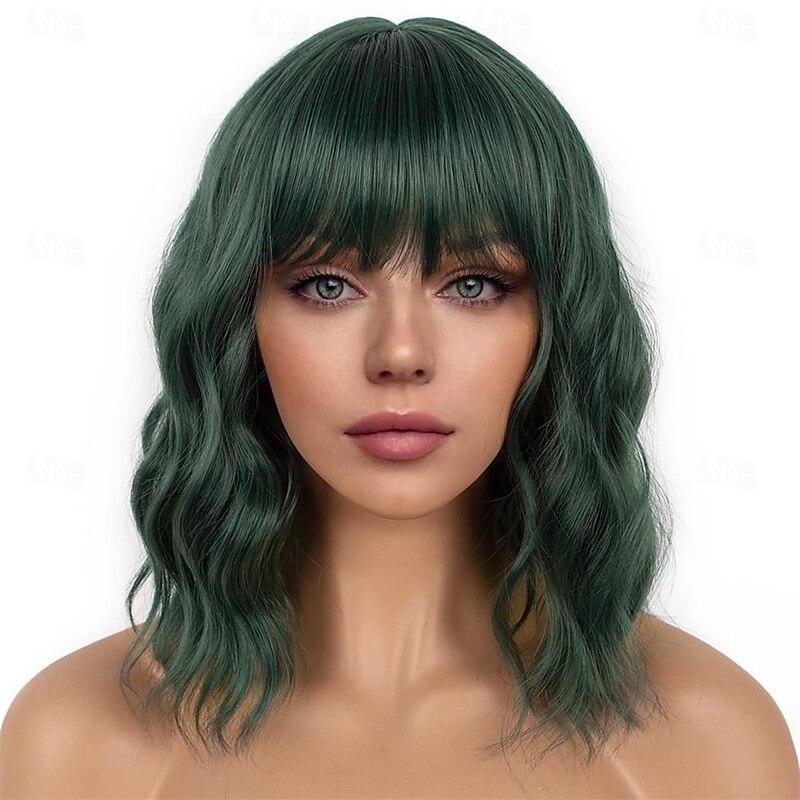 Dark Green Short Bob Wigs with Bangs for Women Loose Wavy Wig Curly Wavy Shoulder Length Bob Synthetic Cosplay Wig for Girl Colorful Costume Wigs St.Patrick's Day Wigs Halloween Wigs