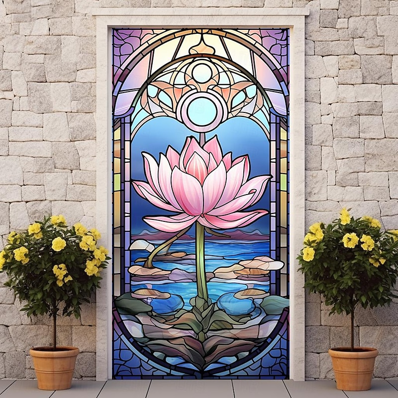 Stained Glass Lotus Door Covers Mural Decor Door Tapestry Door Curtain Decoration Backdrop Door Banner Removable for Front Door Indoor Outdoor Home Room Decoration Farmhouse Decor Supplies3