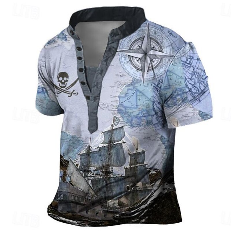 Ship Pirate Skulls Men's Vintage Retro 3D Print Henley T Shirt Tee Daily Vacation Going out T shirt Blue Purple Khaki Henley Shirt Summer Clothing Apparel S M L XL XXL XXXL4