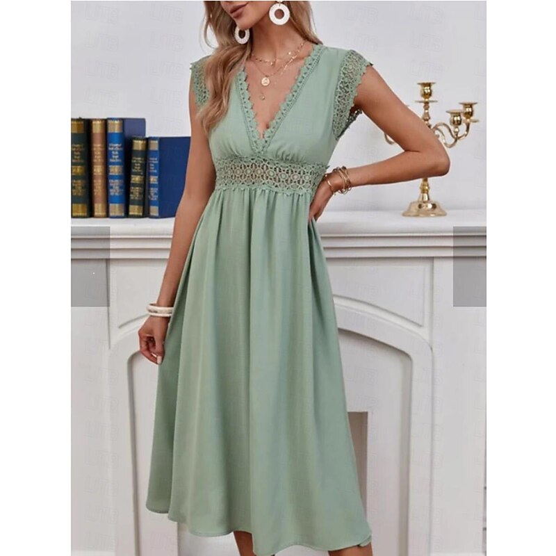 Women's A Line Dress Plain Dress Midi Dress Zipper Eyelet Elegant Hawaiian V Neck Short Sleeve Green Color4