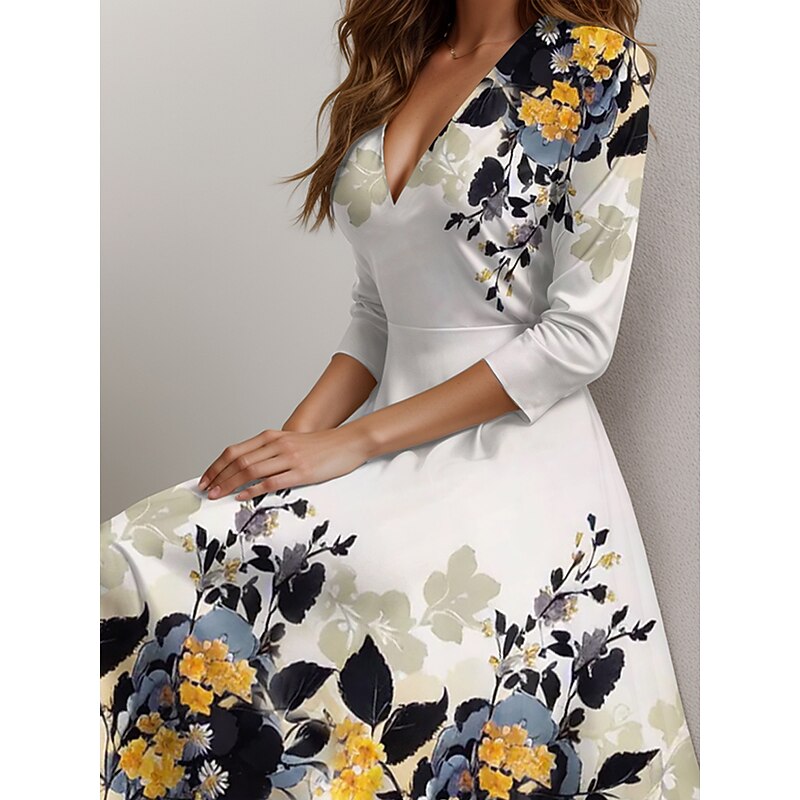 Women's Midi Dress Casual Dress Swing Dress Semi Formal Dress A Line Dress Streetwear A Line Formal Vacation Party Regular Fit Floral 3/4 Length Sleeve V Neck Green Spring2
