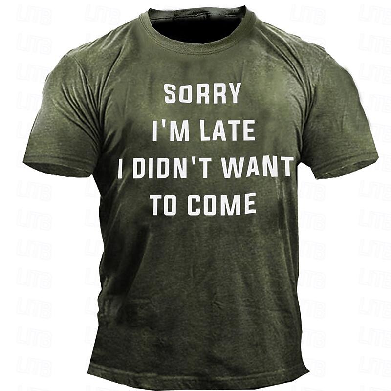 Men's Adult Humor Graphic Sorry I'm Late T shirt Short Sleeve T shirt 3D Print Crew Neck Shirt Retro Vintage Casual Street Style Sports Outdoor Holiday Going out Blue Army Green Dark Blue Spring &3