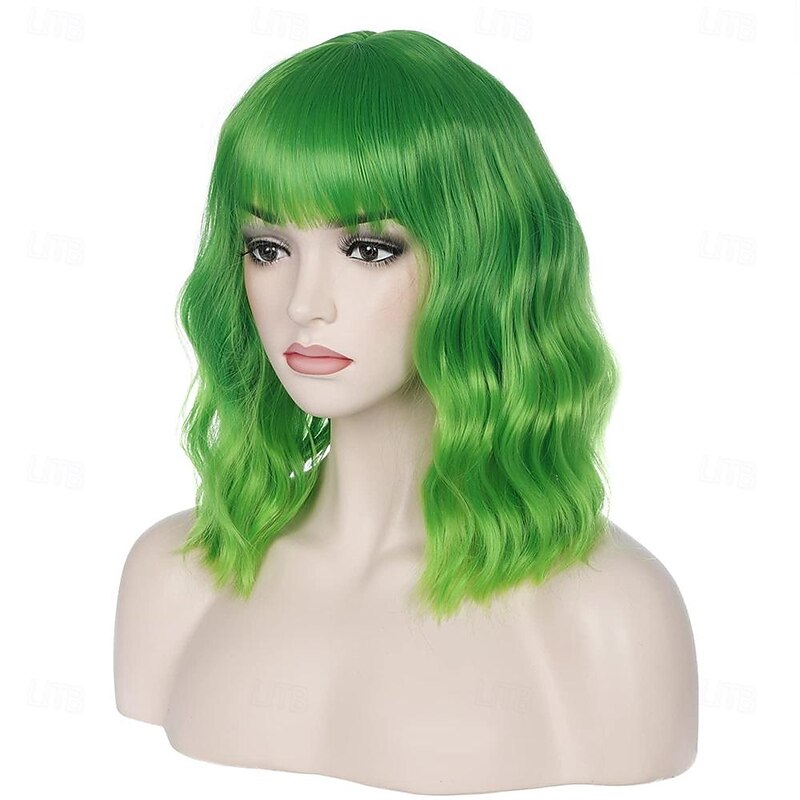 14 Inches Green Ombre Wig with Bangs Women Girls Short Curly Wavy Bob Wig Shoulder Synthetic Carnival Party Wigs St.Patrick's Day Wigs4