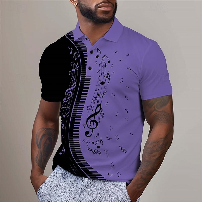 Music Festival Men's Music Golf Shirt Short Sleeve Polo Shirts Collared Shirts Casual Vacation Wear Festival Wear Party Outfits Buttons 3D Print Summer White Blue Purple4