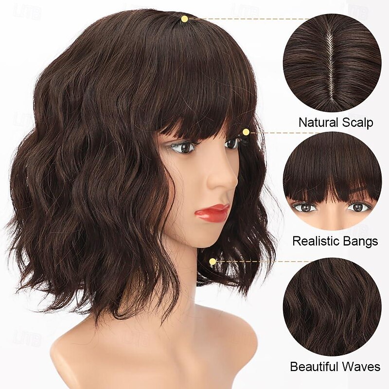 Dark Brown Wigs for Women Short Wavy Bob Wig with Bangs for Women Synthetic Short Curly Wave Wigs Heat Resistant Fiber Hair Wigs for Daily2