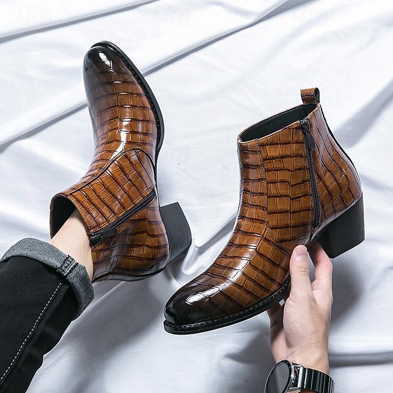 Men's Brown Crocodile Pattern Faux Leather Ankle Boots - Stylish Western Chelsea Boots for Formal Events and Casual Wear2