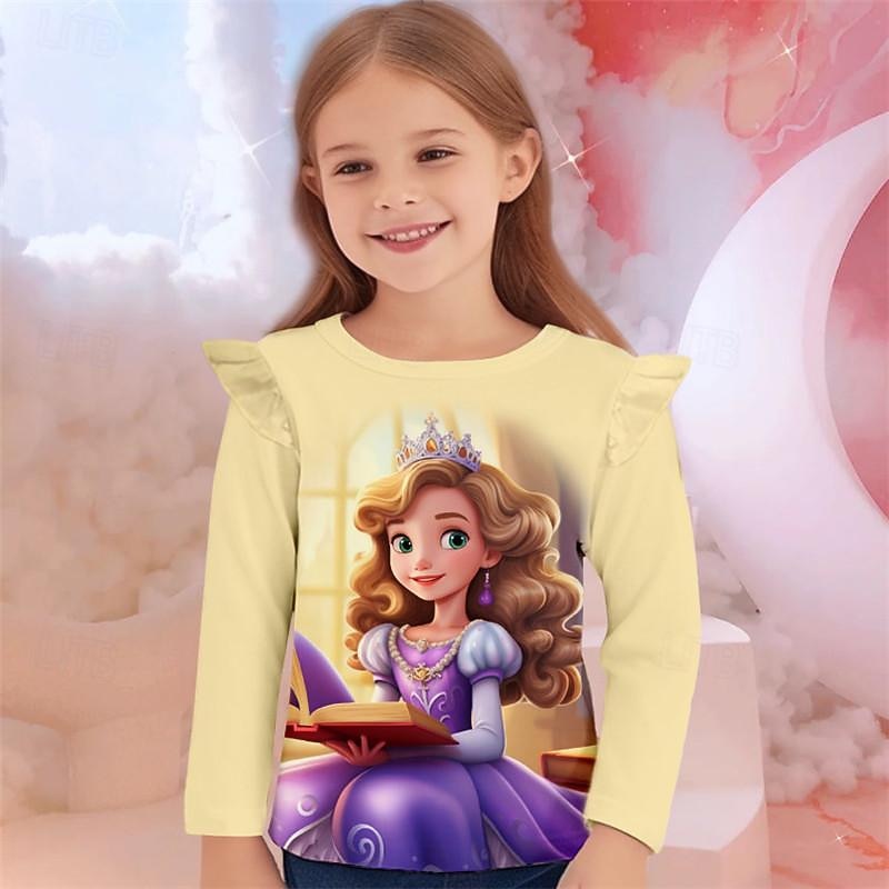 Girls' 3D Princess Ruffle Tee Pink Long Sleeve 3D Print Spring Fall Active Fashion Cute Kids 3-12 Years Crew Neck Outdoor Casual Daily Regular Fit