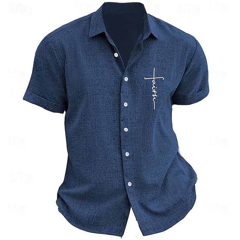 Men's Faith Button Up Shirt Printed Shirts Short Sleeve Business Casual Street Wear to work Going out Summer Turndown Print Button-Down Navy Blue Blue Purple Green Gray3