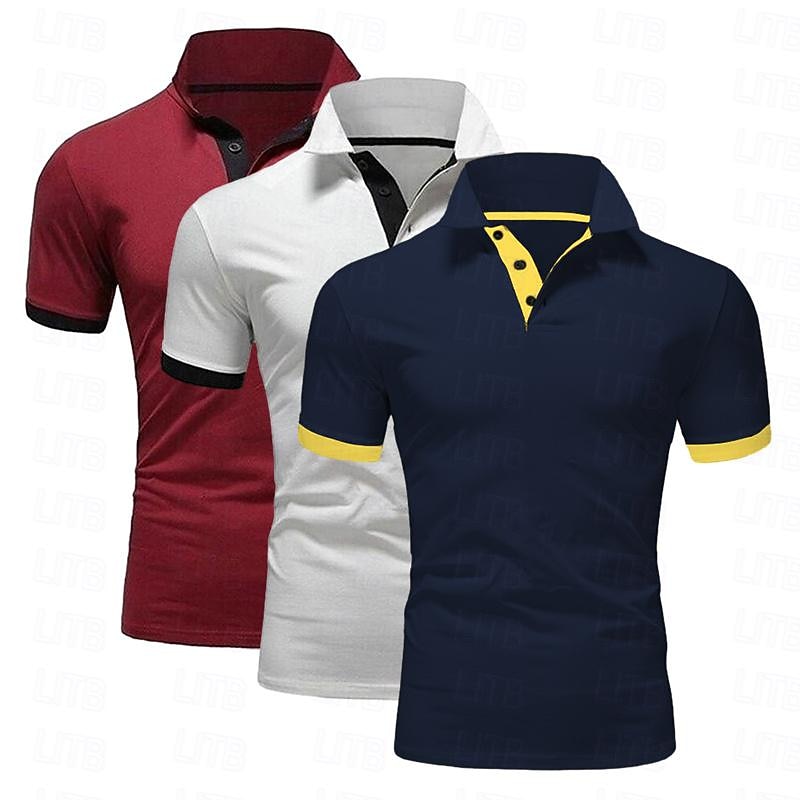 3 Pack Men's Golf T-Shirt Polo Shirt Casual Sports Lapel Short Sleeve Fashion Basic Color 3-Piece Summer Regular Fit Gray Black   Navy Blue Blue Wine White Polo Shirt2