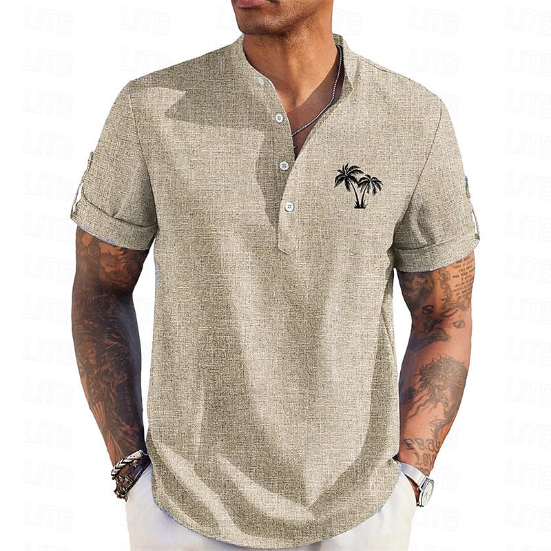 Men's Palm Tree Tropical Plants Shirt Summer Shirt Casual Shirt Short Sleeve Shirt Stand Collar Hawaiian Resort Vacation Daily Wear Going out Blue Green Khaki S M L3