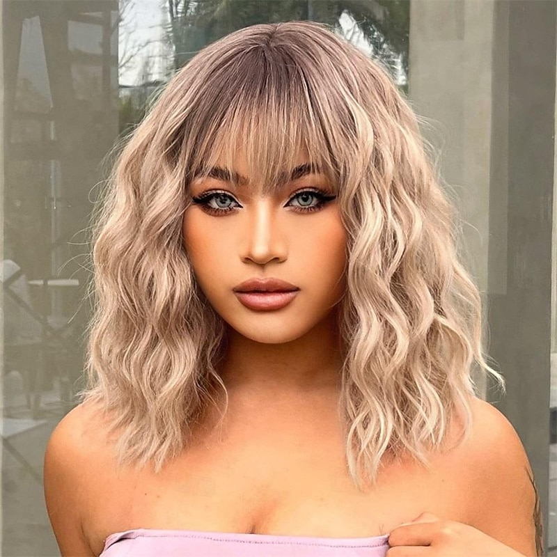 Short Ombre Blonde Wig With Bangs Shoulder Length Curly Wavy Bob Wig for Women Natural Looking Synthetic Curly Blonde Bob Wig for Party and Daily Wear2