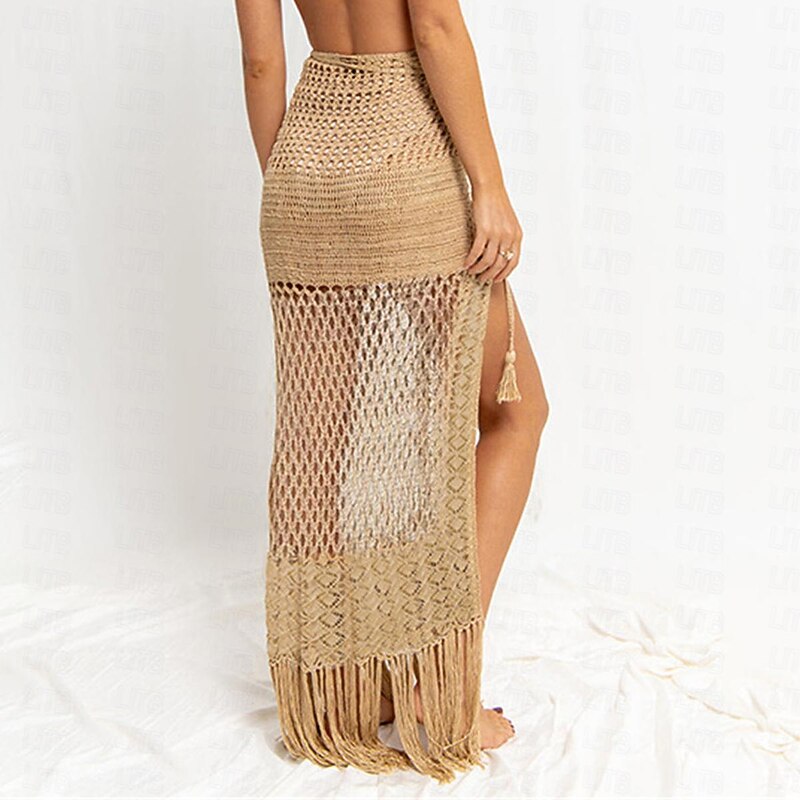 Women's Swimwear Skirt Fashion Beach Wear Casual Maxi High Waist Skirts Solid Colored Cut Out Crochet Vacation Beach Khaki Summer Spandex3