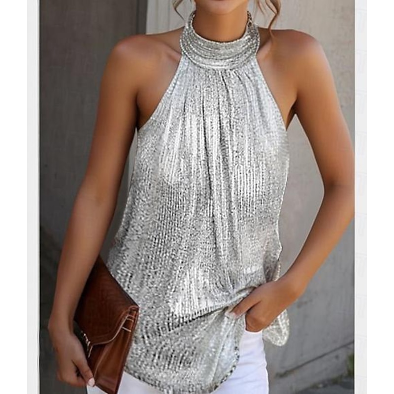 Women's Plus Size Camisole Tank Top Summer Tops Blouse Plain Sexy Basic Beach Sleeveless Halter Neck Daily Pleated Cut Out Silver Black Yellow3