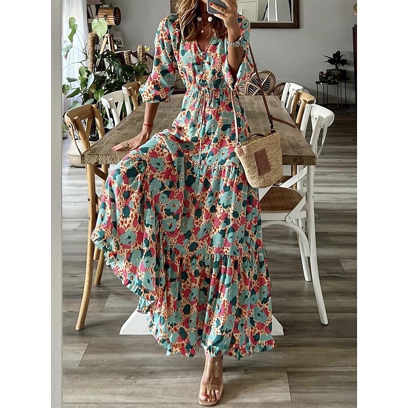 Women's Long Dress Maxi Dress Paisley Dress Casual Dress Boho Chic Dresses Boho Dress Bohemia Ethnic A Line Vacation Street Holiday Loose Fit Paisley Long Sleeve V Neck Pink Blue Green Summer Spring2