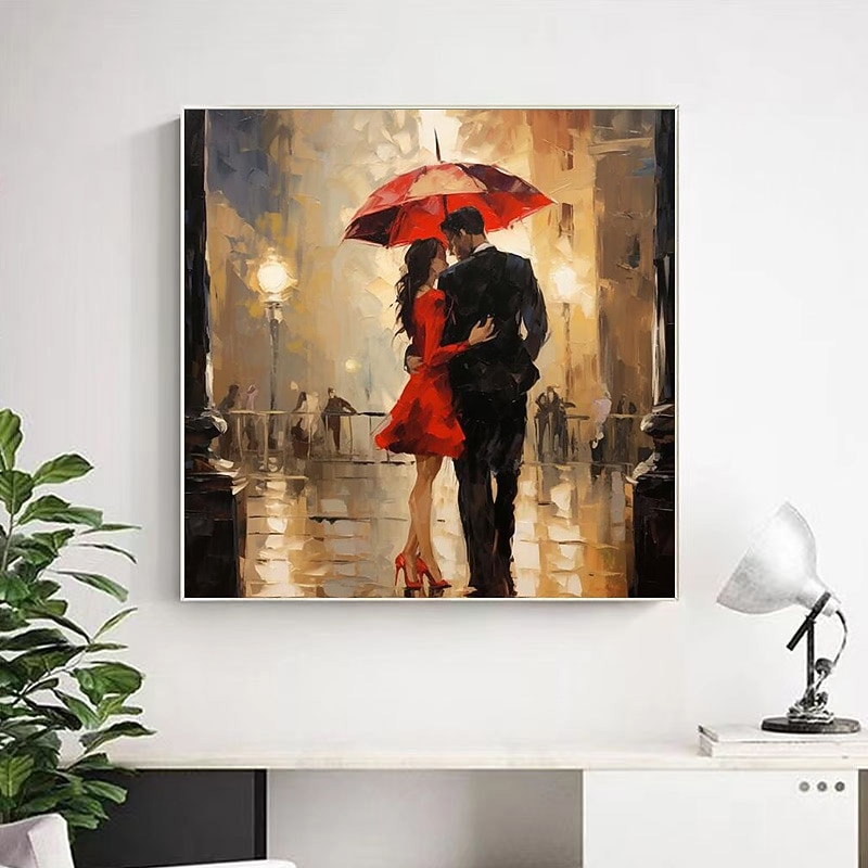 Walking In The Rain Stretched Canvas Handpainted Wall Art Colorful Abstract Pop Art Design Lover Walking With An Umbrella In The Rain Stretched Canvas3
