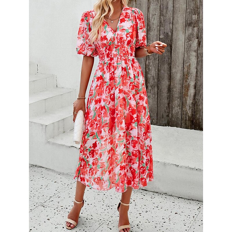 Women's Casual Dress Floral Print V Neck Midi Dress Ethnic Boho Vacation Short Sleeve Summer4