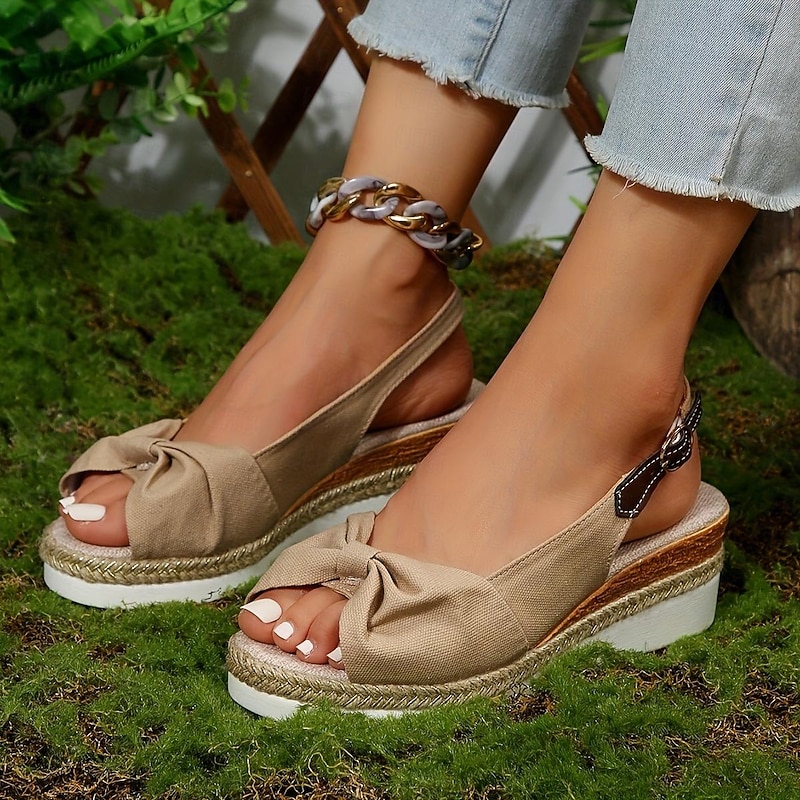 Women's Beige Slingback Espadrille Sandals with Bow Detail – Casual Summer Open-Toe Wedge Sandals2