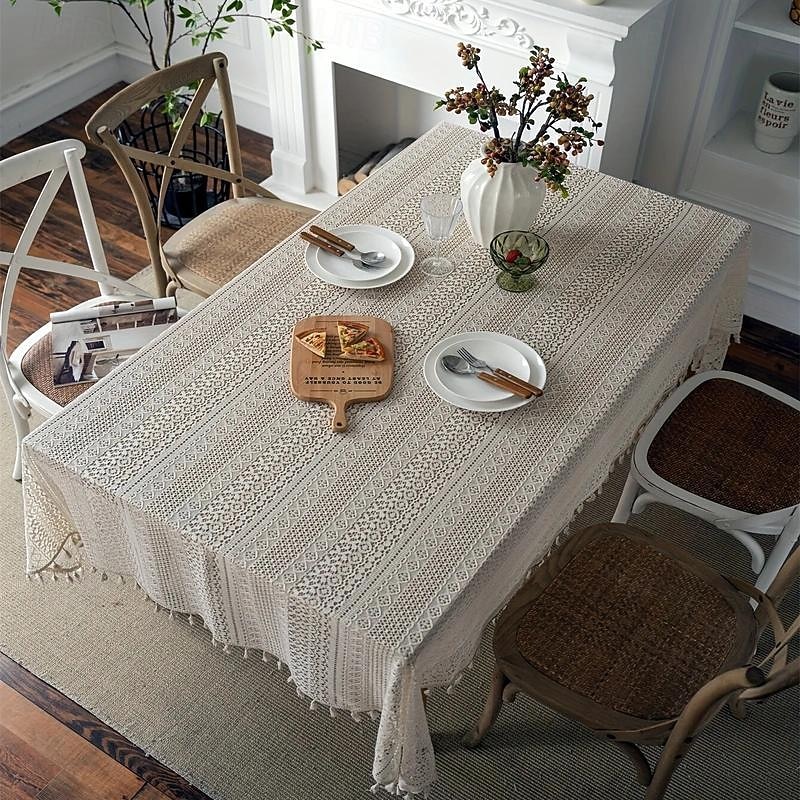 1pc Bohemian Chic Crochet Lace Tablecloth, Farmhouse Style Retro Hollow Out Tablecloth, Suitable For Kitchen Dining, Buffet Table, Holiday Dinner, Party, Banquet, Restaurant, Wedding Food Tablecloth4