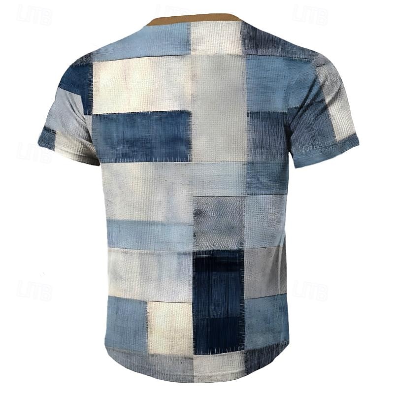 Plaid Faux Patchwork Pattern Men's Fashion Casual 3D Print Waffle Henley T Shirt Tee Sports Outdoor Casual Daily T shirt Blue Brown Green Gray Short Sleeve Henley Shirt Spring & Summer Clothing2