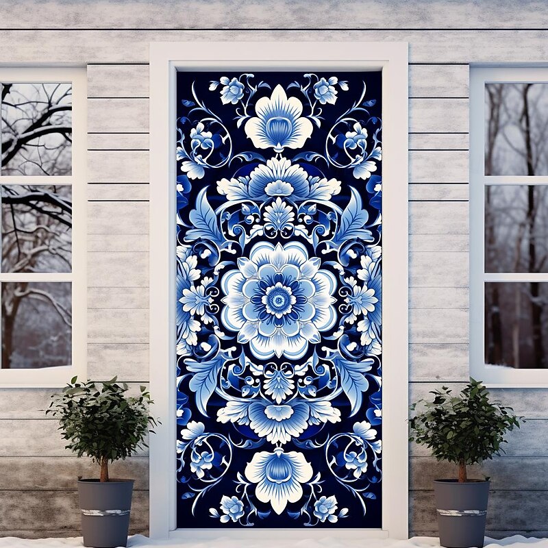 Blue Sketch Flowers Door Covers Door Tapestry Door Curtain Decoration Backdrop Door Banner for Front Door Farmhouse Holiday Party Decor Supplies2