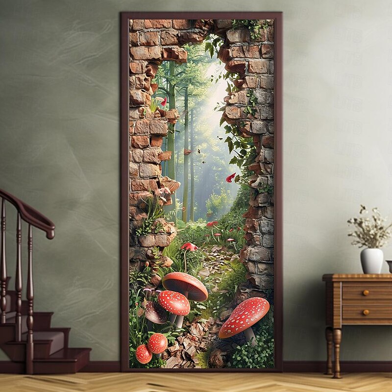 Broken Wall Mushrooms Door Covers Mural Decor Door Tapestry Door Curtain Decoration Backdrop Door Banner Removable for Front Door Indoor Outdoor Home Room Decoration Farmhouse Decor Supplies4
