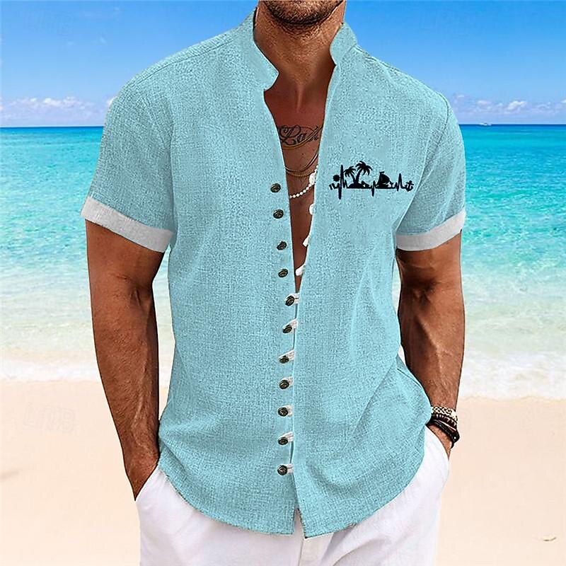 Men's Palm Tree Tropical Plants Summer Hawaiian Shirt Aloha Shirt Printed Shirts Short Sleeves Shirt Standing Collar Hawaiian Resort Outdoor Vacation Going out Blue Green Gray S M L