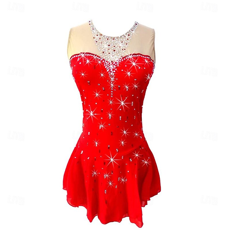 Figure Skating Dress Women's Girls' Ice Skating Dress Red Stretchy Training Competition Skating Wear Crystal / Rhinestone Sleeveless Ice Skating Figure Skating