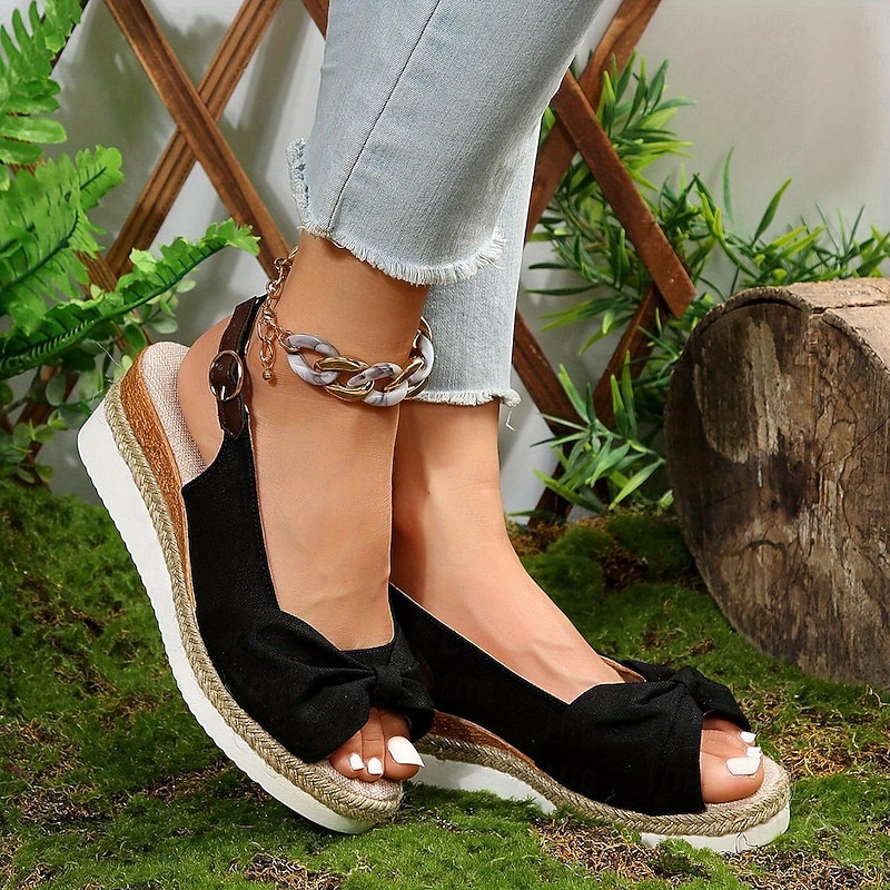 Women's Beige Slingback Espadrille Sandals with Bow Detail – Casual Summer Open-Toe Wedge Sandals4