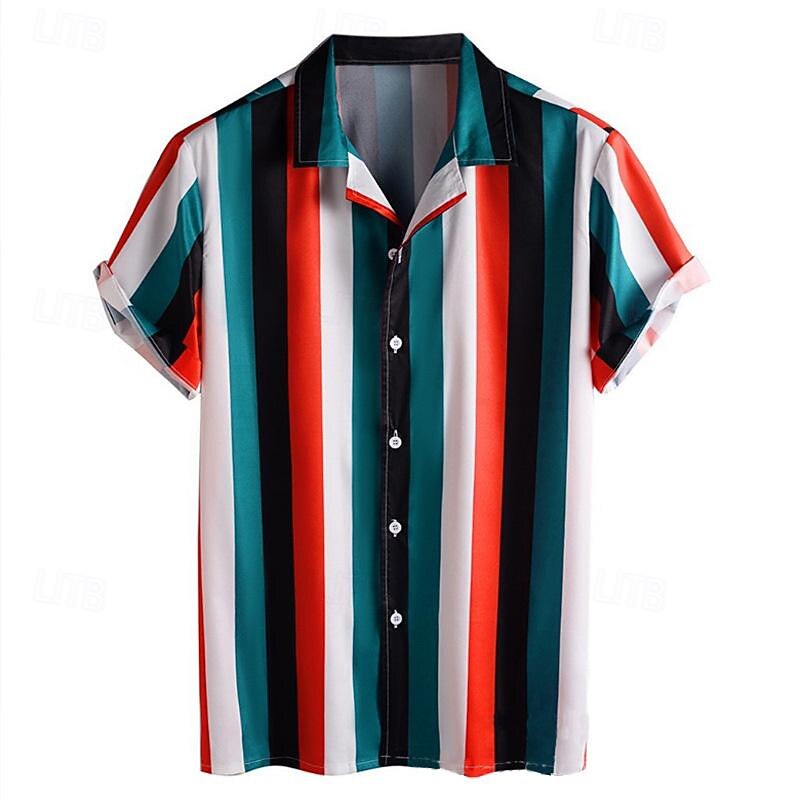 Men's Summer Shirt Casual Shirt Bowling Shirt Button Up Shirt Yellow Red Blue Green Short Sleeve Color Block Stripes Turndown Vacation Hawaiian Patchwork Clothing Apparel Polyester Fashion Casual3