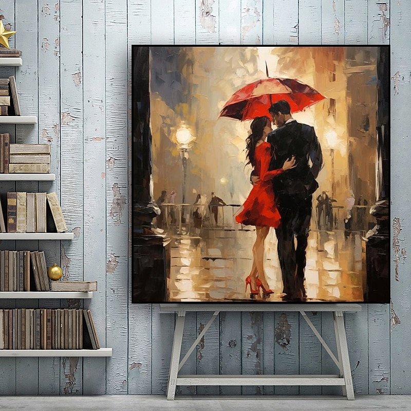 Walking In The Rain Stretched Canvas Handpainted Wall Art Colorful Abstract Pop Art Design Lover Walking With An Umbrella In The Rain Stretched Canvas