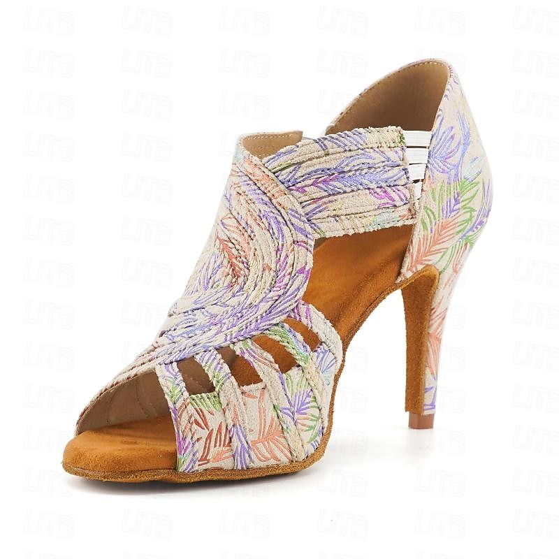Women's Colorful Beaded Latin Dance Shoes, Floral Print High - Heel Salsa Sandals for Competition Performance